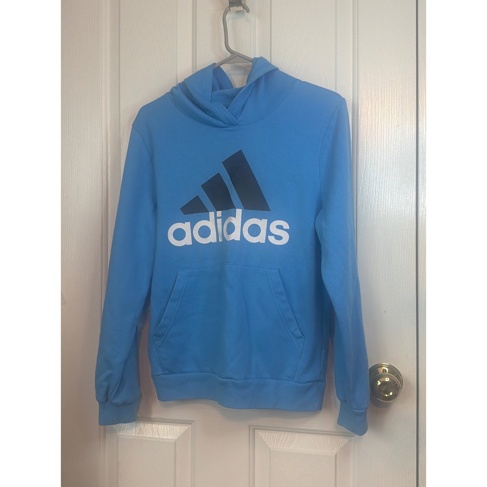 Adidas Kids Blue Slim Fit Badge of Sport Pullover Hoodie Sweatshirt Size L 14/16